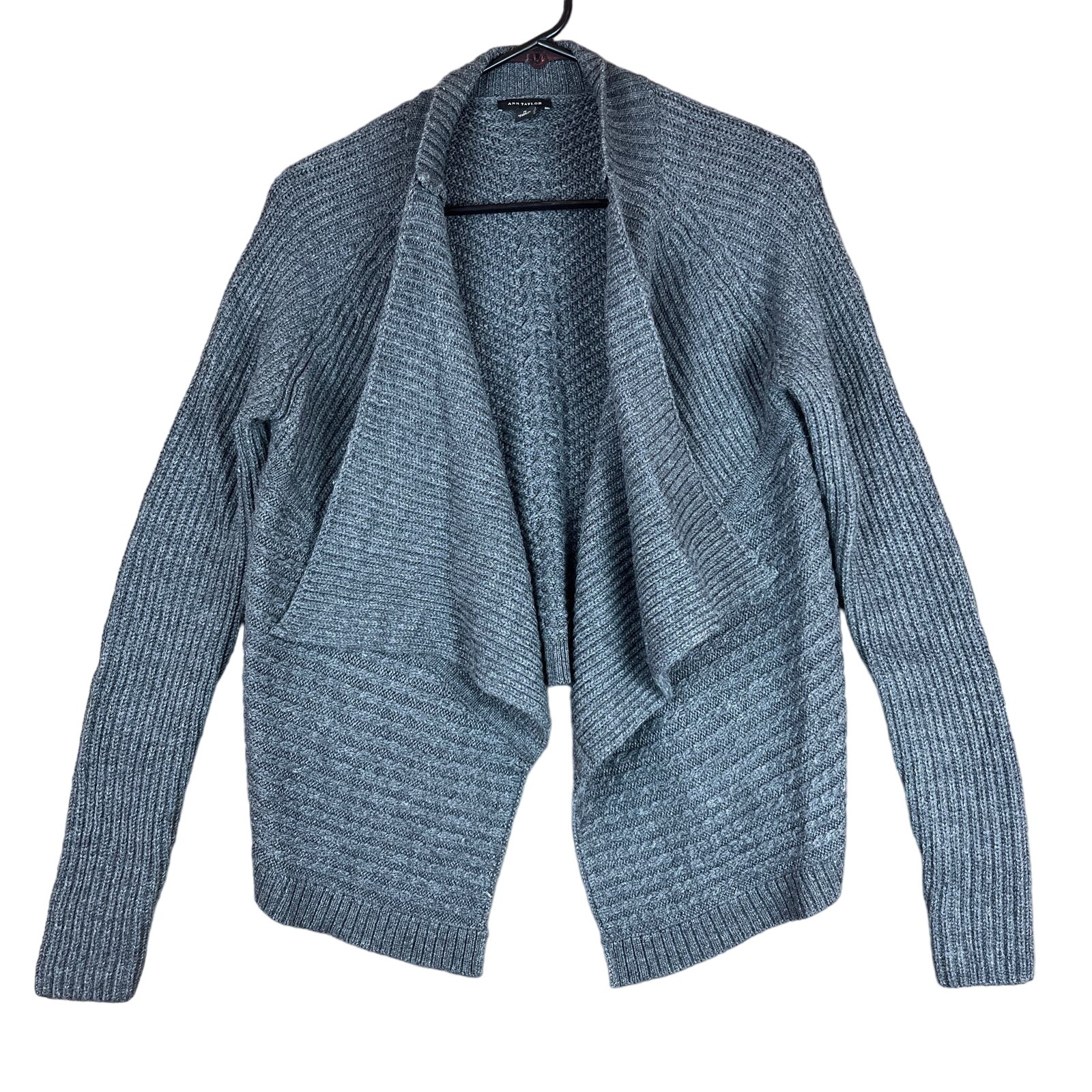 Ann Taylor Womens Sweater Gray Shawl Cardigan Open Water Fall Front Wool Small